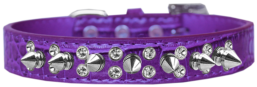 Double Crystal and Spike Croc Dog Collar Purple Size 12